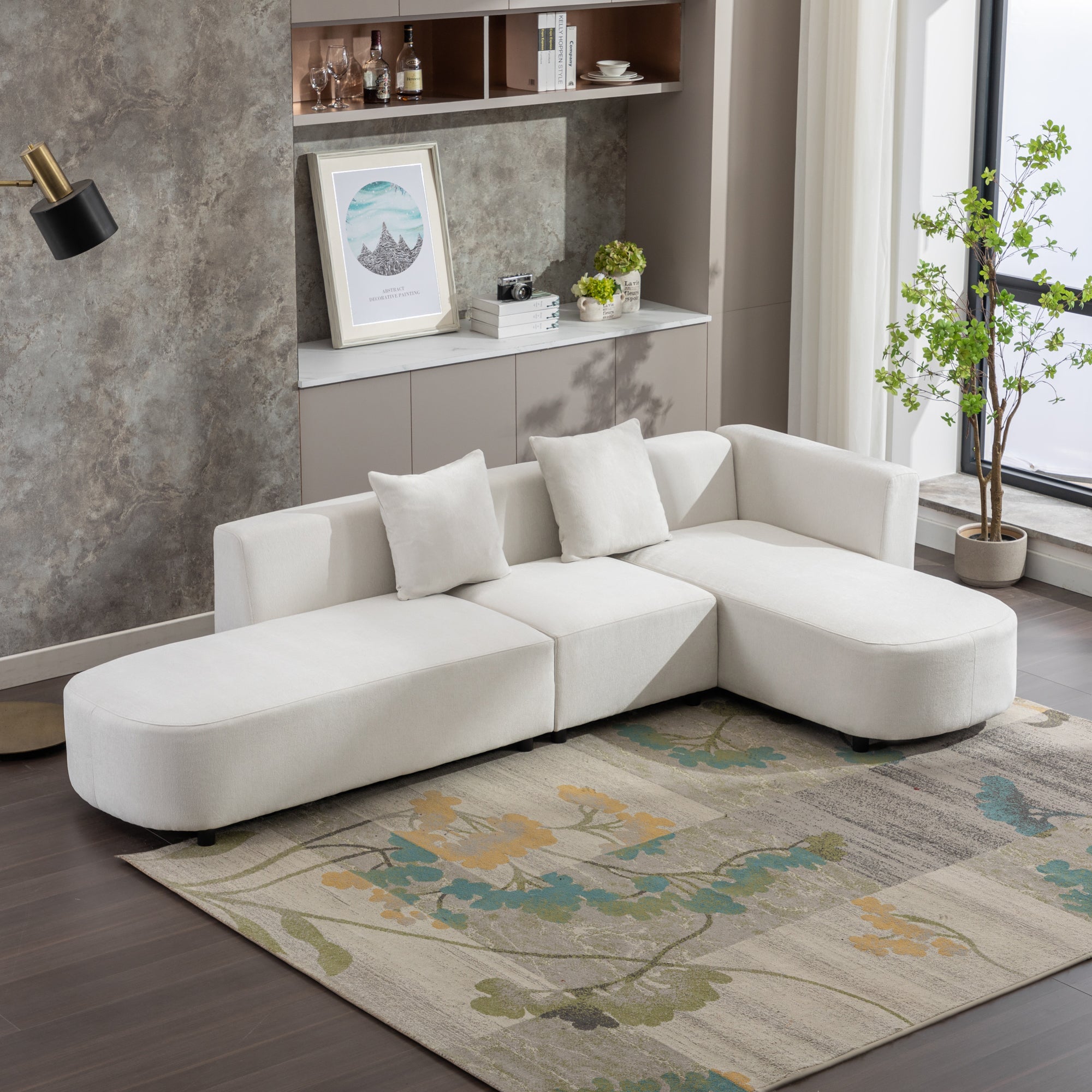 Beige Chenille L-Shaped Sectional Sofa | Luxury Modern Design-Stationary Sectionals-American Furniture Outlet