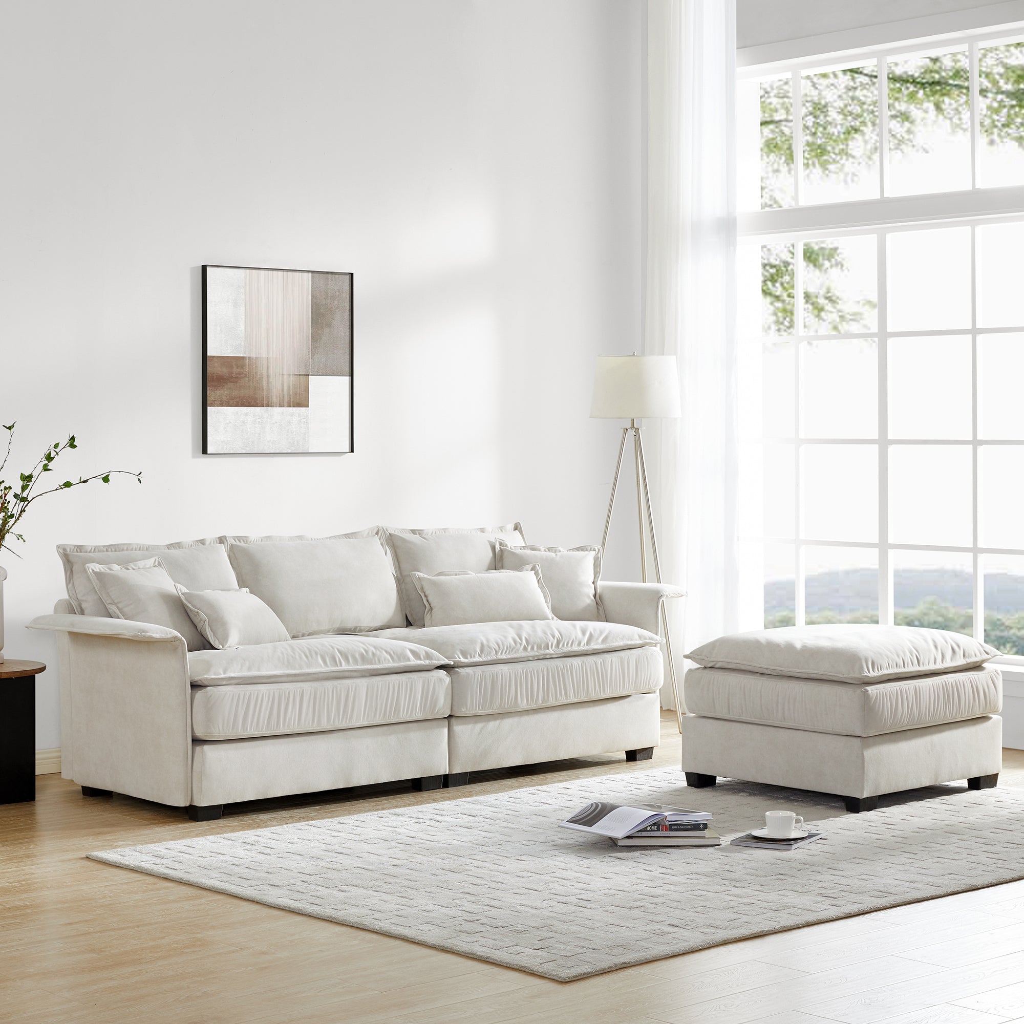 Beige L-Shaped Sectional Sofa w/ Convertible Ottoman & Double Cushions-Stationary Sectionals-American Furniture Outlet