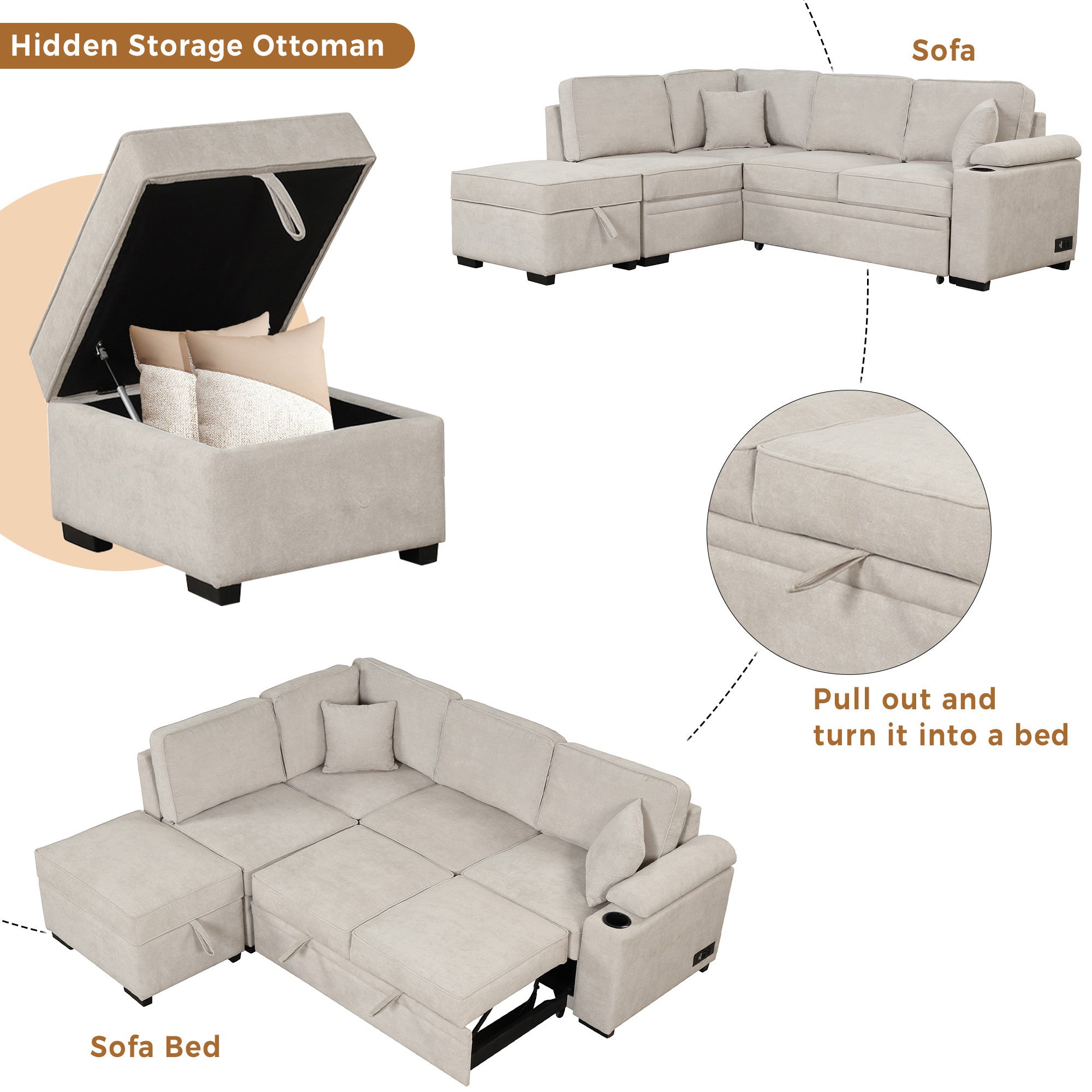 Beige Linen 87" Sectional Sleeper Sofa w/ Storage Ottoman-Sleeper Sectionals-American Furniture Outlet