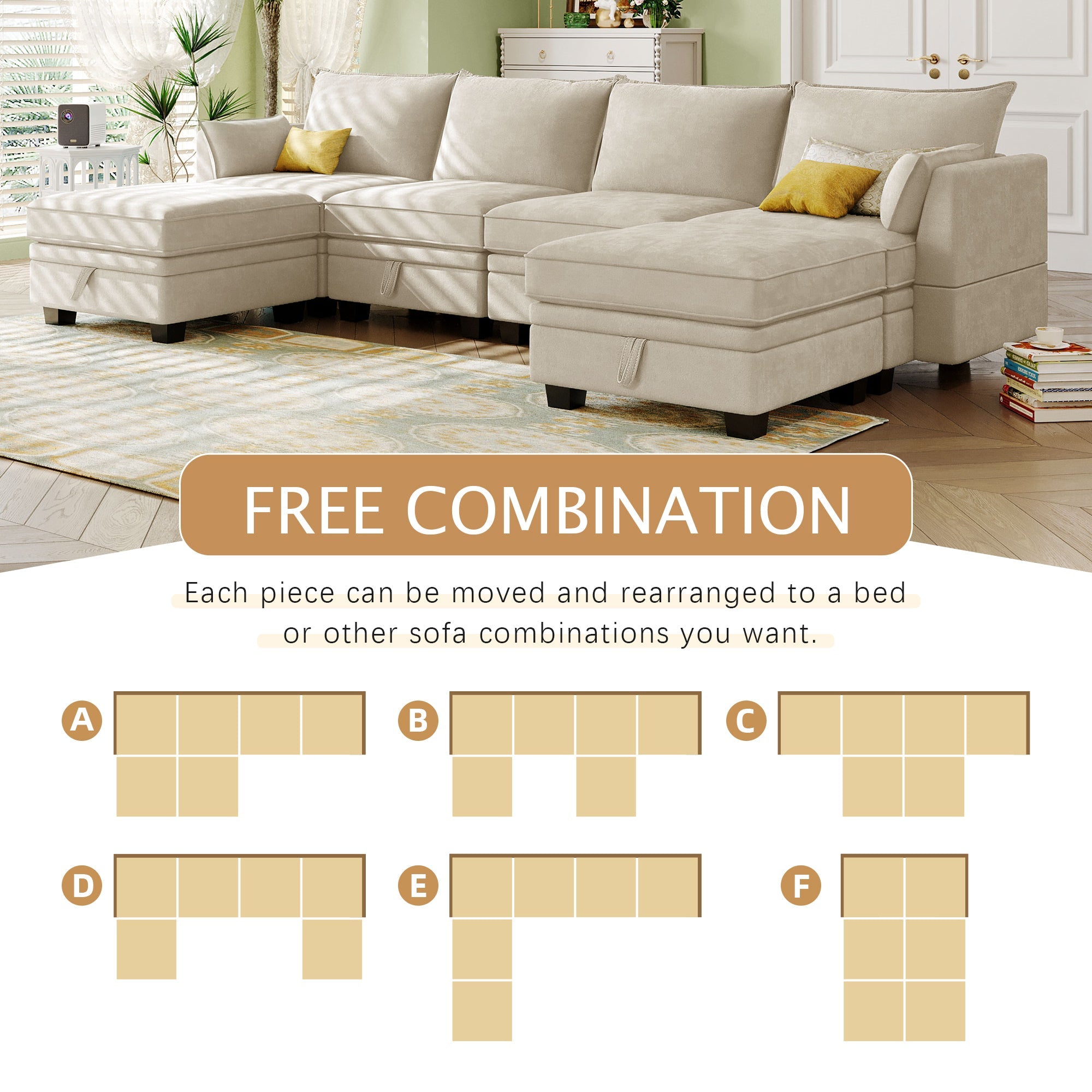 Beige Linen Modular Sectional Sofa with Storage-Sleeper Sectionals-American Furniture Outlet