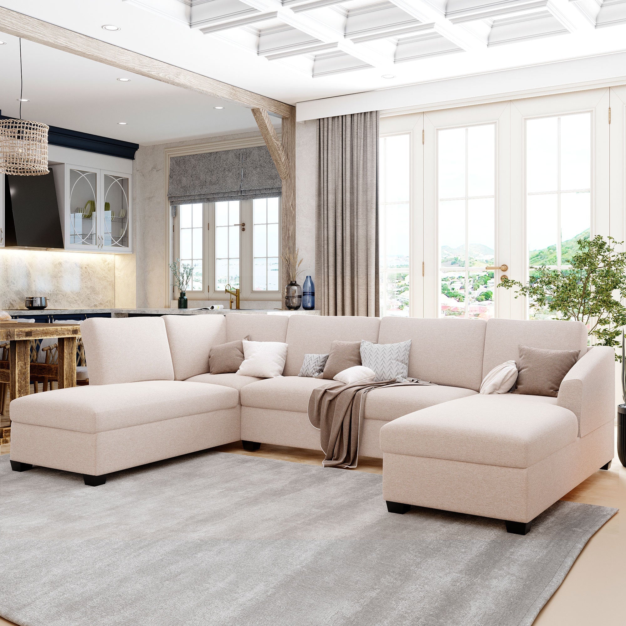 Beige Modern U-Shape Sectional Sofa - Double Chaise-Stationary Sectionals-American Furniture Outlet