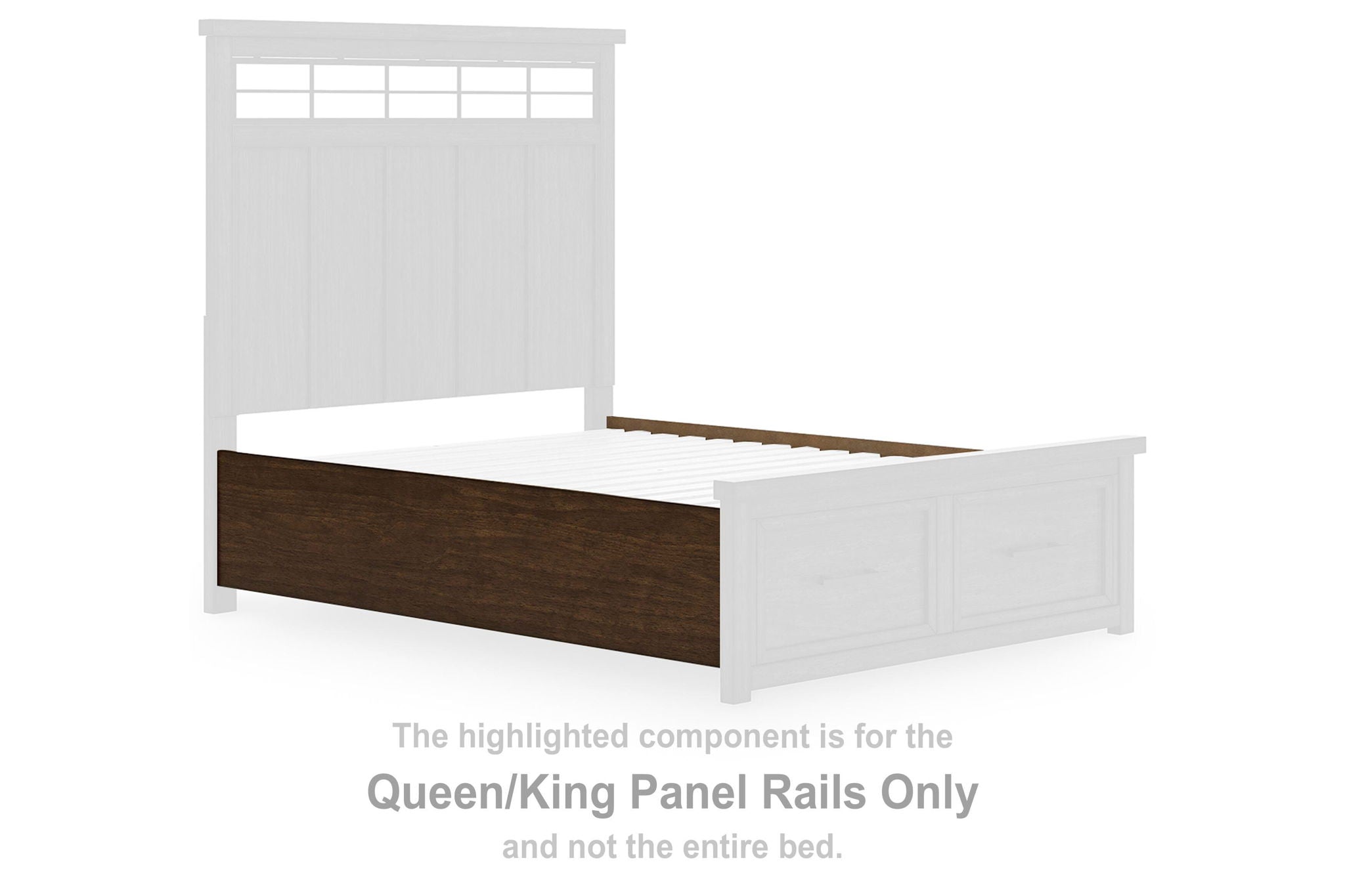 Queen/King panel rails, medium brown wood highlighted for bed frame