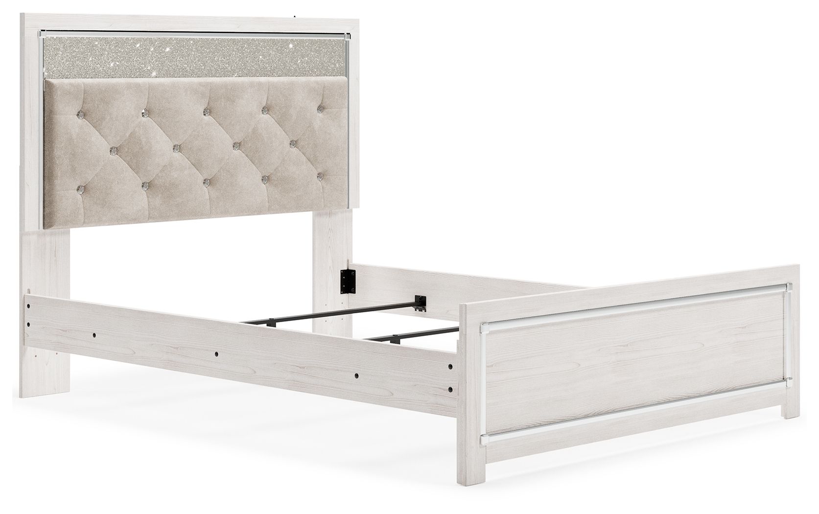 Upholstered panel bed with open support platform and light gray tufted headboard