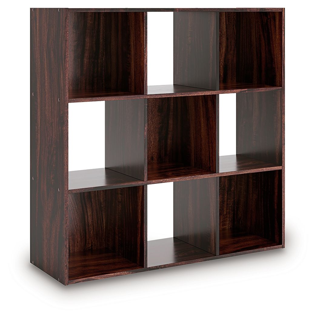 Dark brown cube organizer with open cubby grid and dark wood finish, front view.