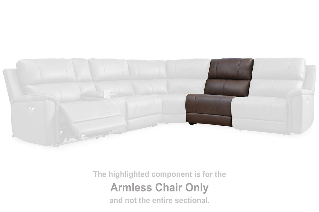 Highlighted espresso armless chair component on white sectional seating