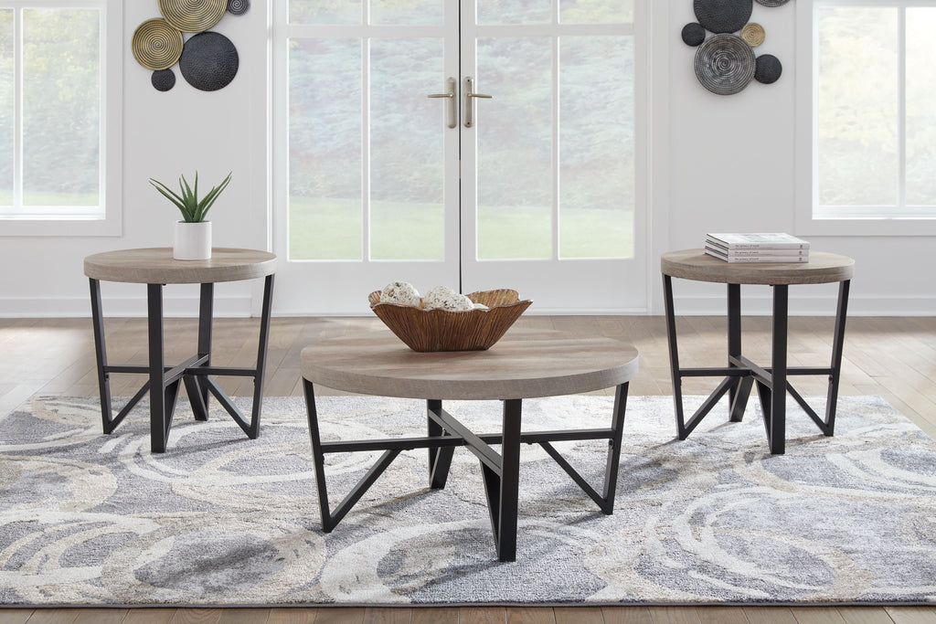 Three round nesting tables with grayish-brown tops and black metal frames