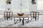 Three round nesting tables with grayish-brown tops and black metal frames