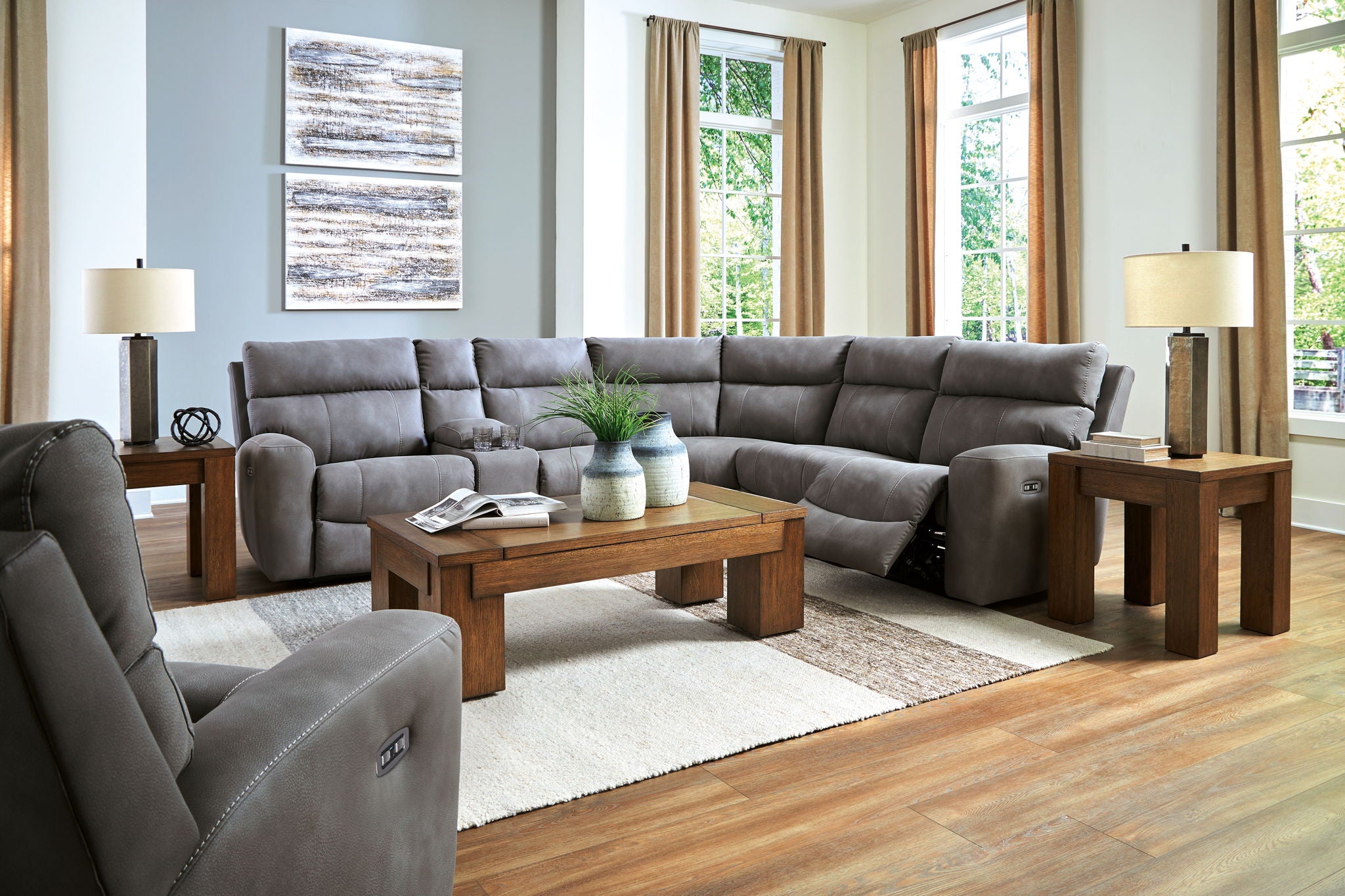 Dark gray power reclining sectional set with chaise corner and tufted back cushions