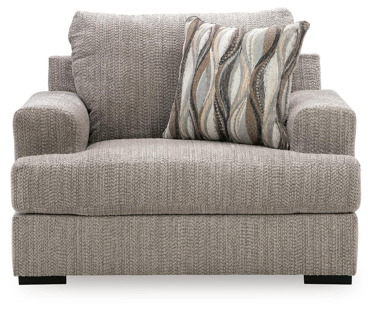 Gray chair and a half with centered seat cushion and striped accent pillow