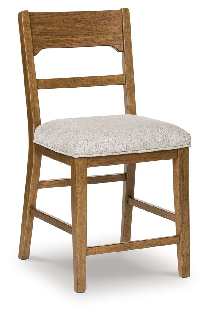 Upholstered barstool with light gray padded seat and light brown wood frame, arched backrest.