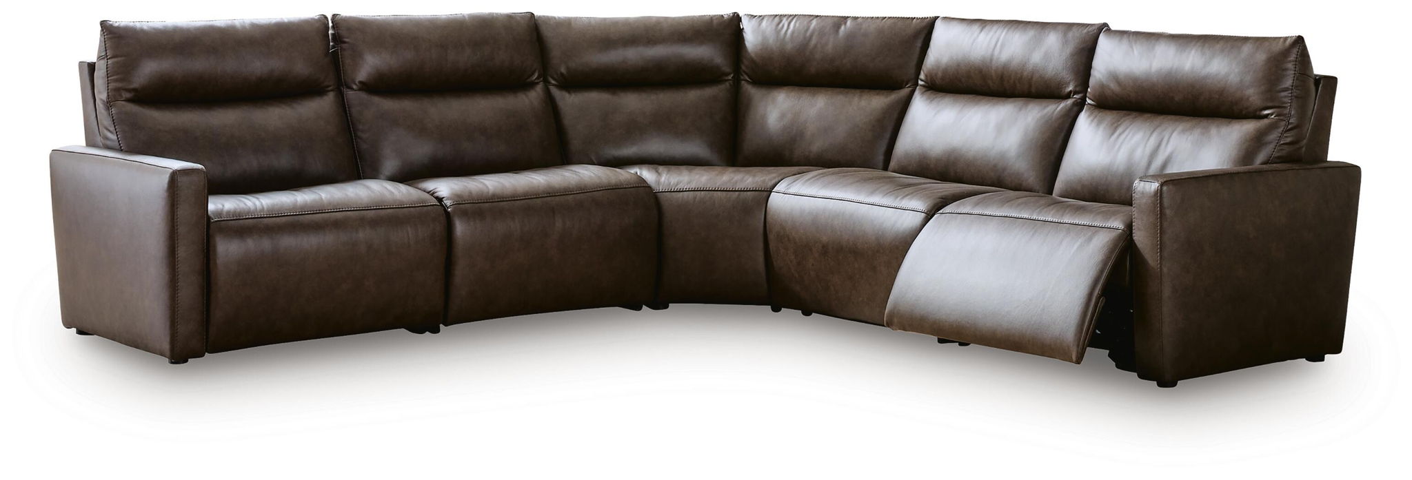 Dark brown power reclining sectional sofa with chaise and padded armrests