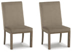 Set of 2 upholstered dining side chairs with tall backs, gray fabric, wood legs
