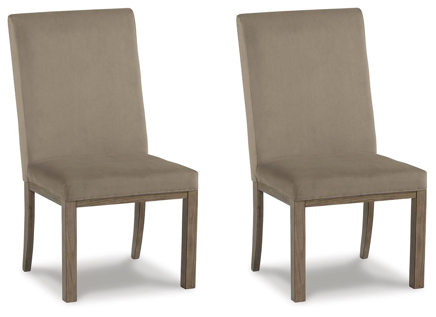 Set of 2 upholstered dining side chairs with tall backs, gray fabric, wood legs