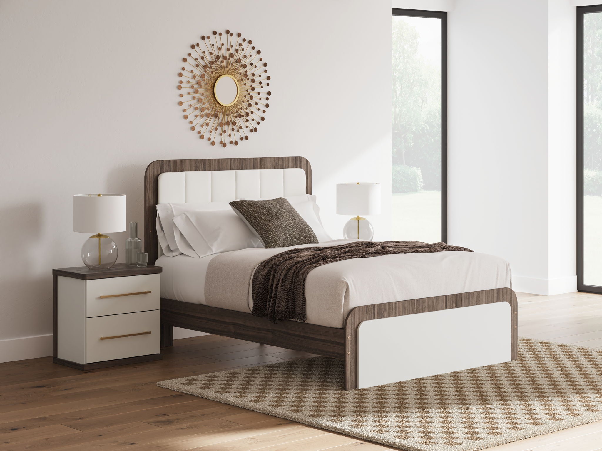 Upholstered bed with white bedding, dark wood frame, and panel headboard