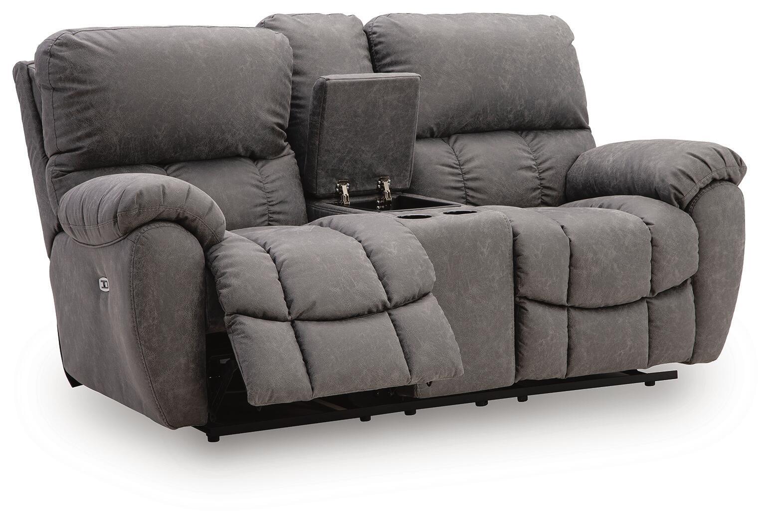 Dark gray power recline loveseat with built-in console and padded adjustable headrests