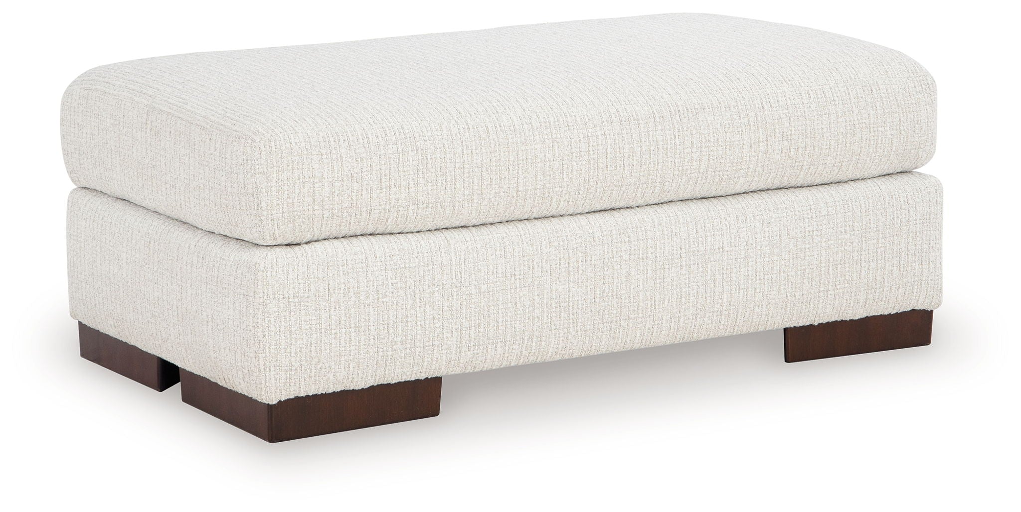 Cream upholstered ottoman with cushioned top and dark wooden feet, squared design