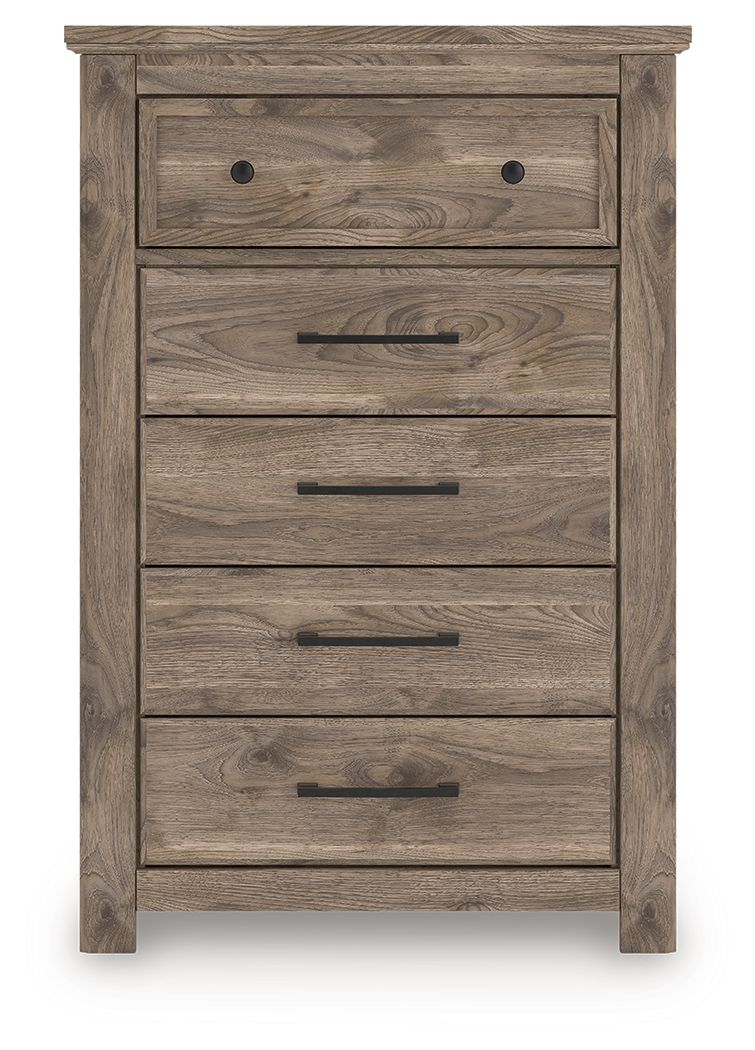 Five-drawer chest in rustic light brown wood with metal pulls and inset top drawer