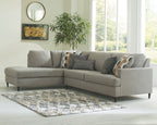 Granite gray sectional sofa with chaise, low profile frame, and patterned throw pillow
