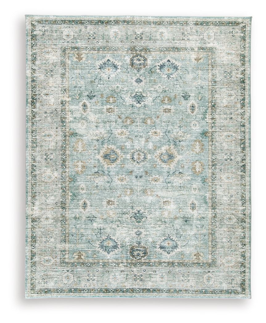 Ladstoney rug in light beige with blue distressed medallion pattern, framed border