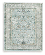 Ladstoney rug in light beige with blue distressed medallion pattern, framed border
