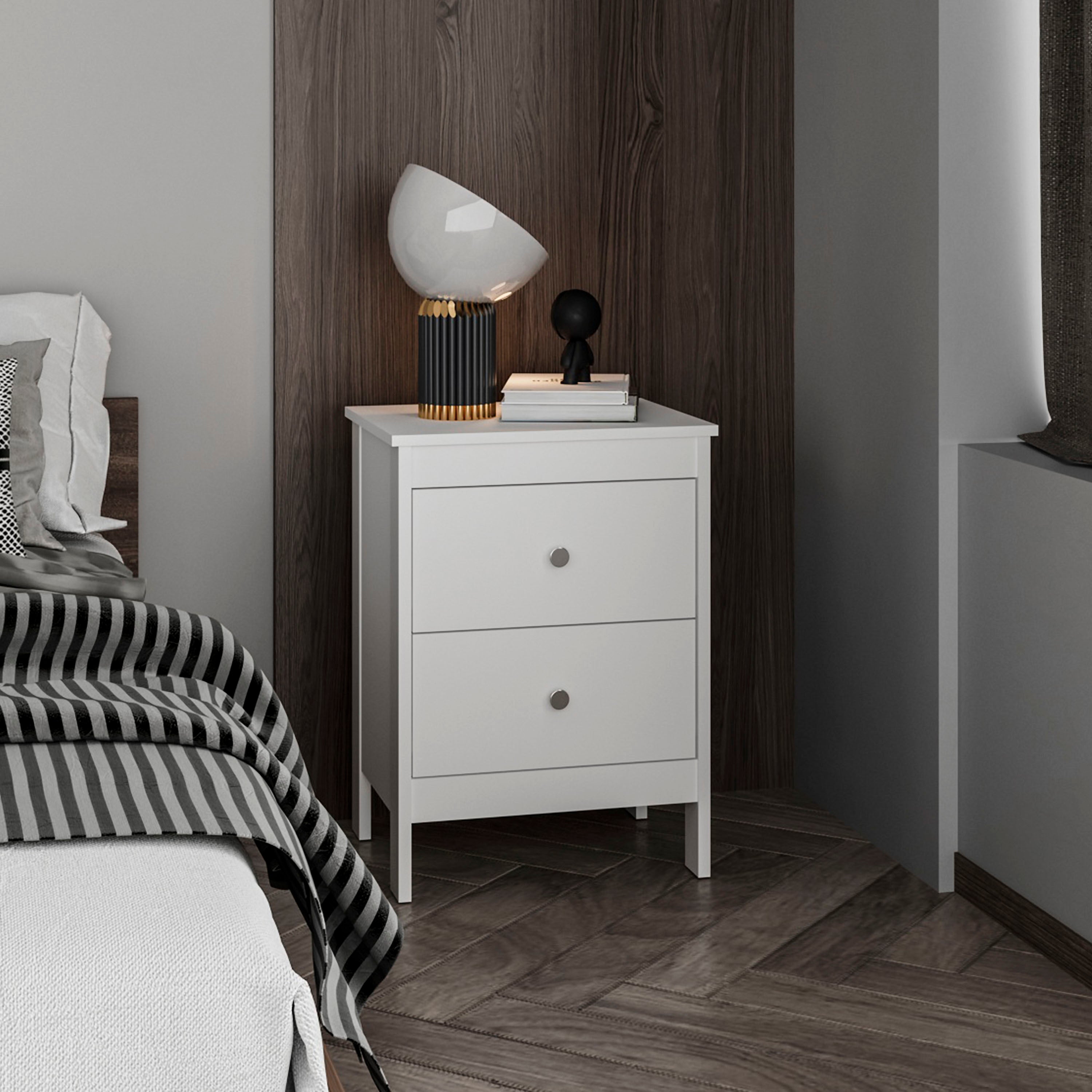 Newcastle White Nightstand: Modern 2-Drawer & Open Shelf Bedside