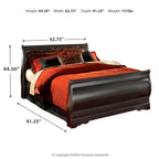 Black sleigh bed with height and width measurement labels