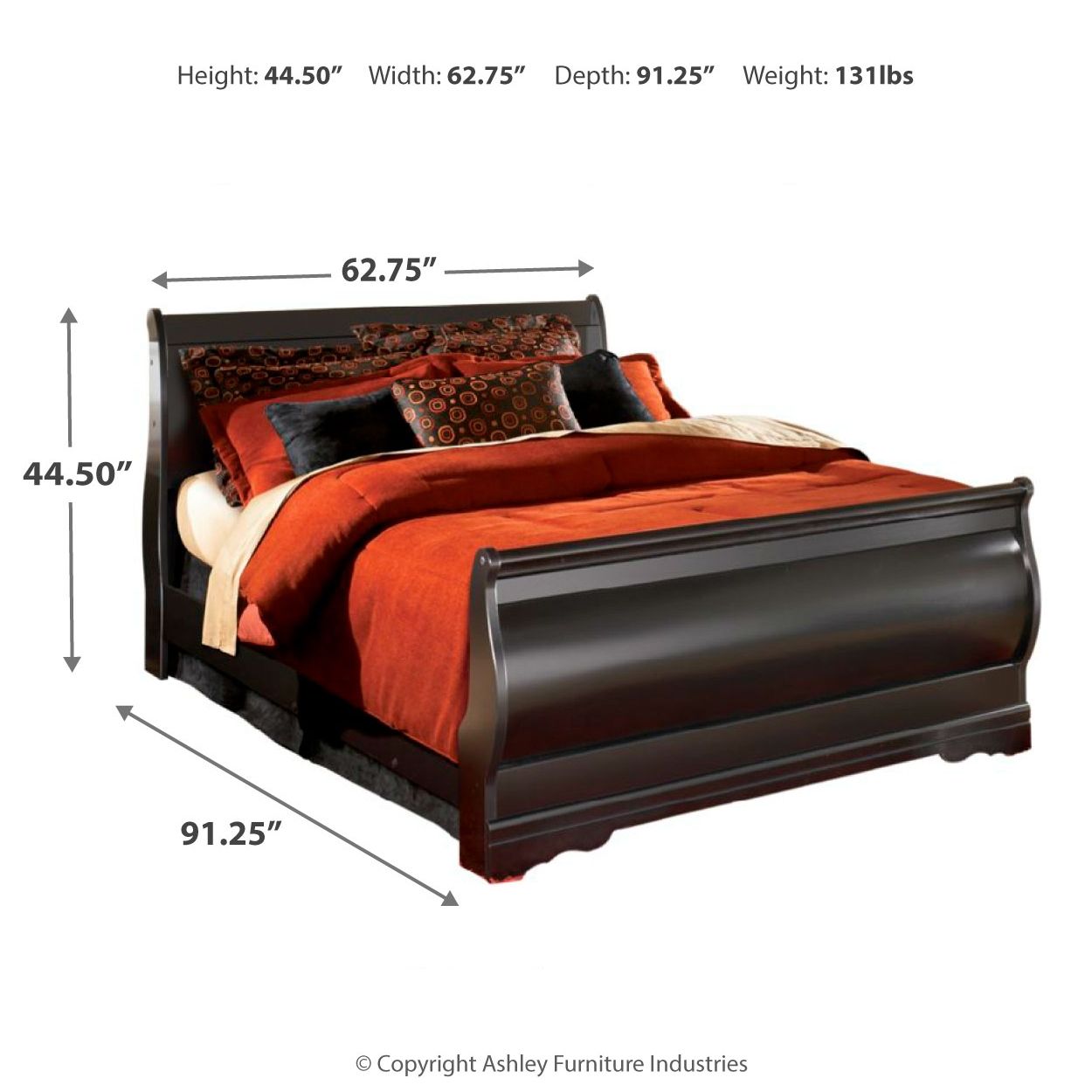 Black sleigh bed with height and width measurement labels