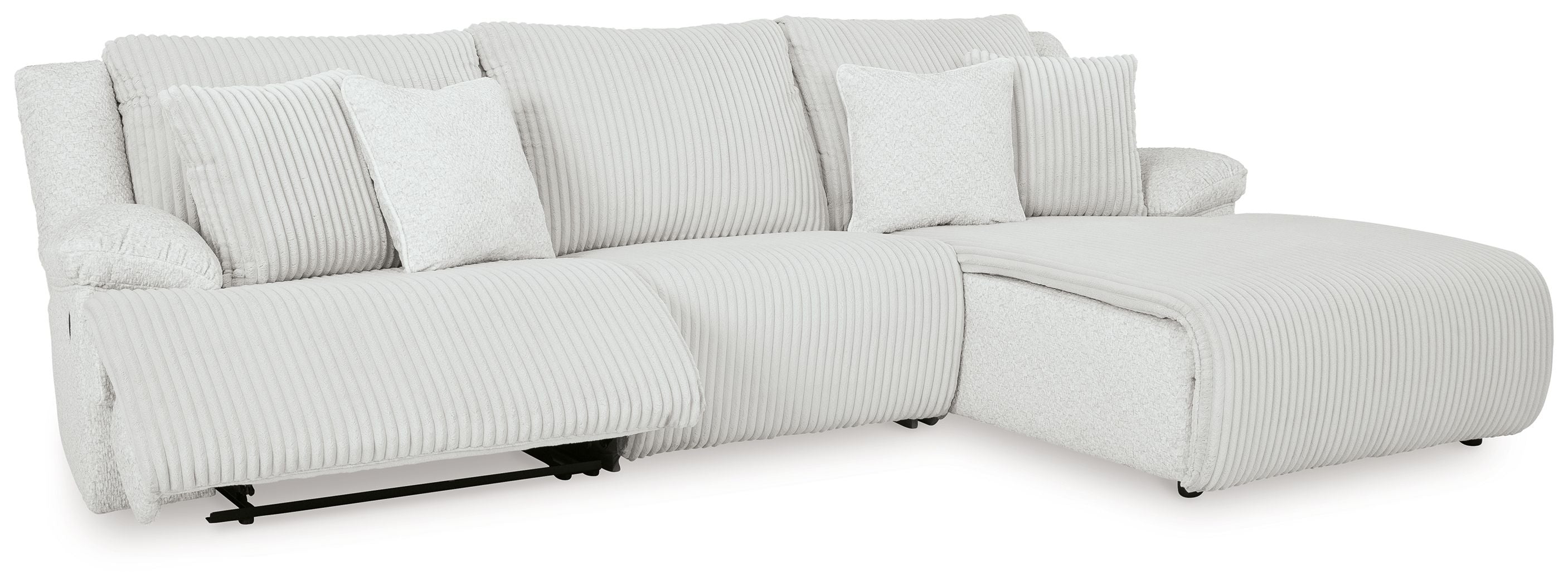 Light gray reclining sectional sofa with chaise and striped seat and back cushions