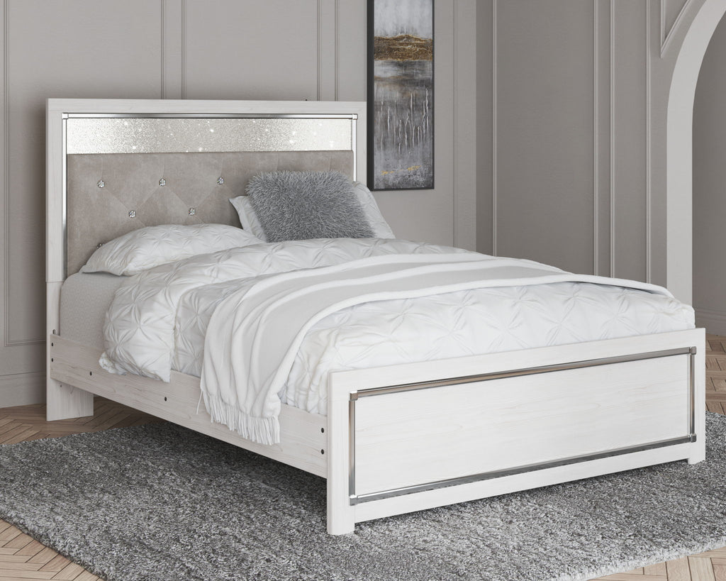 Upholstered panel bed with light gray tufted headboard, white frame, and bedding