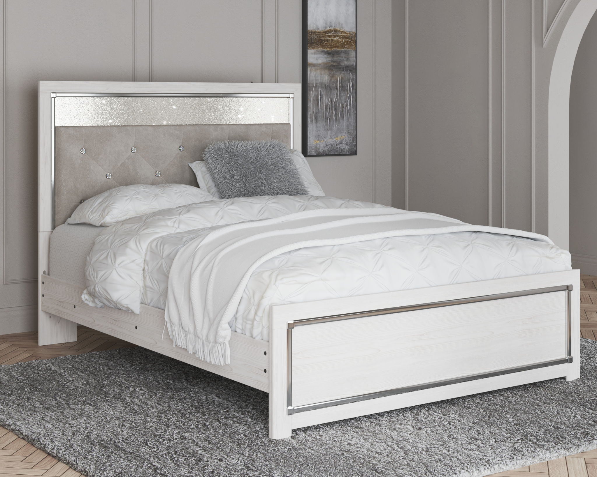 Upholstered panel bed with light gray tufted headboard, white frame, and bedding