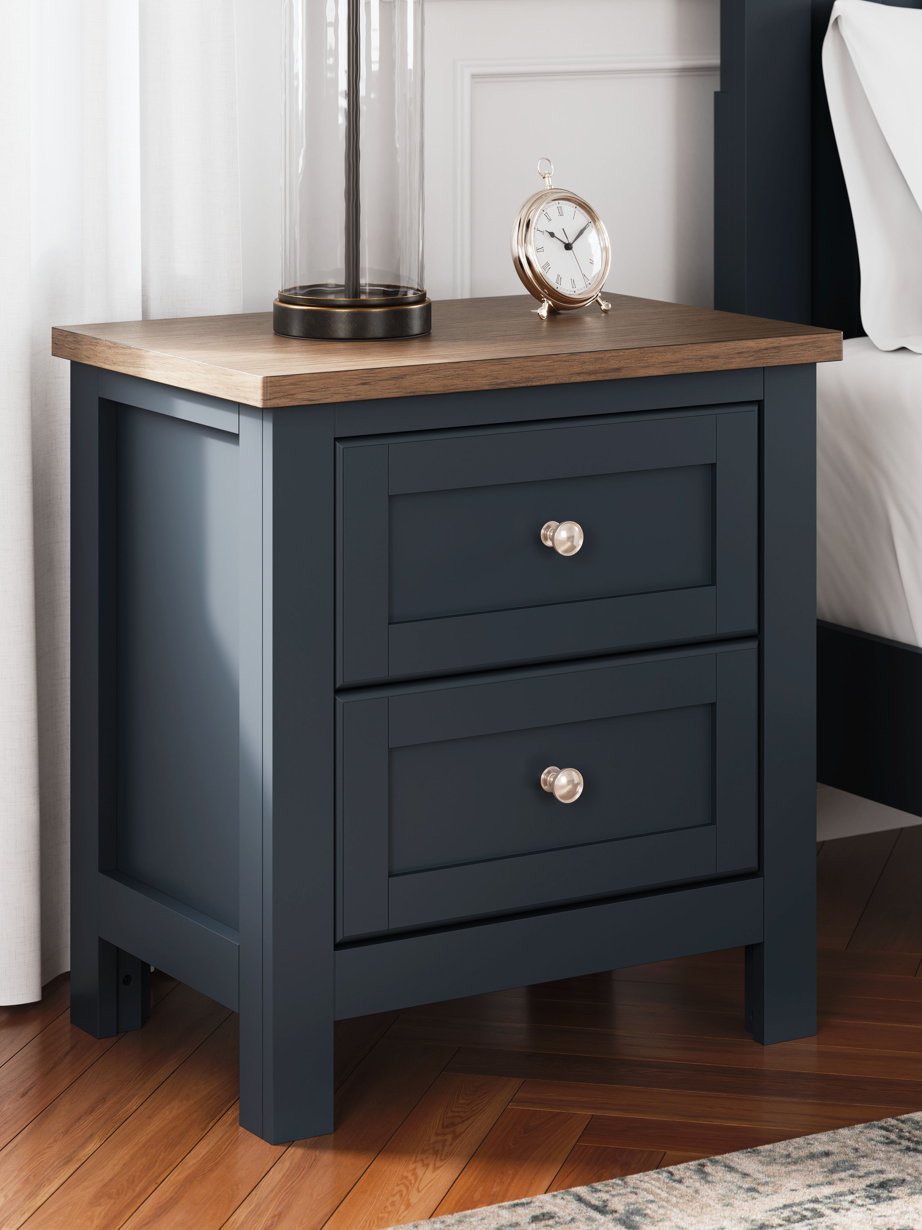 Two-drawer nightstand with dark blue drawers, wood top, and two silver knobs