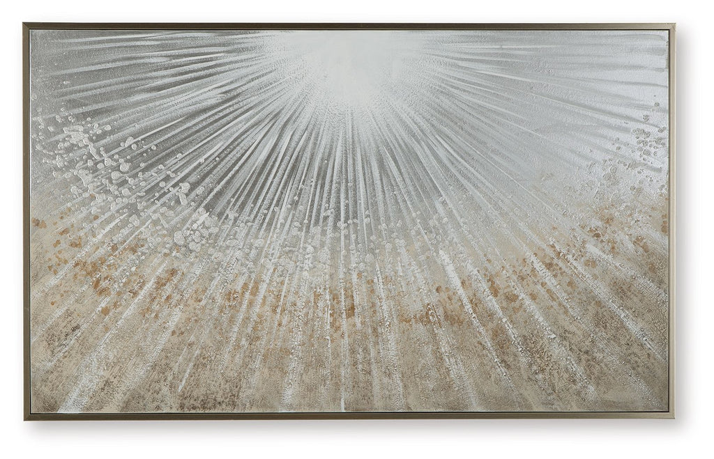 Framed wall art with radial gray, taupe, and white paintburst pattern