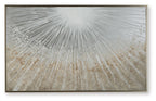 Framed wall art with radial gray, taupe, and white paintburst pattern