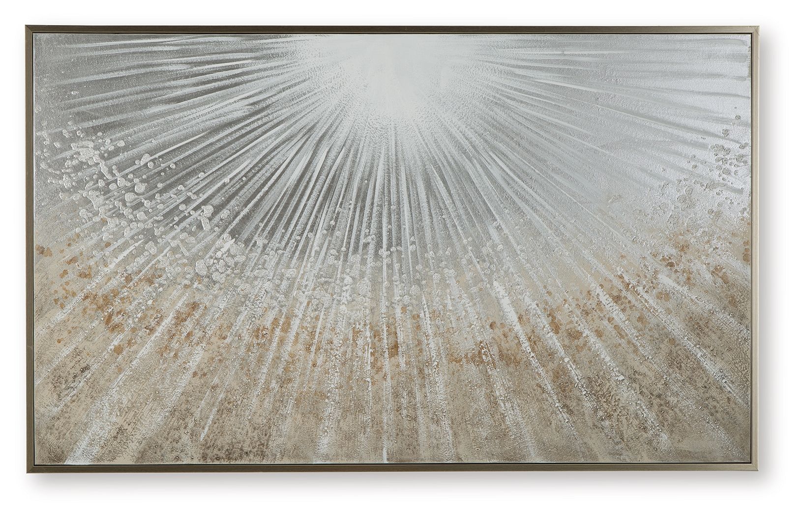 Framed wall art with radial gray, taupe, and white paintburst pattern