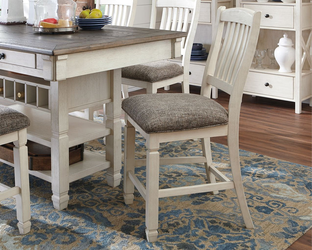 Beige upholstered barstool with slatted back and padded dark fabric seat