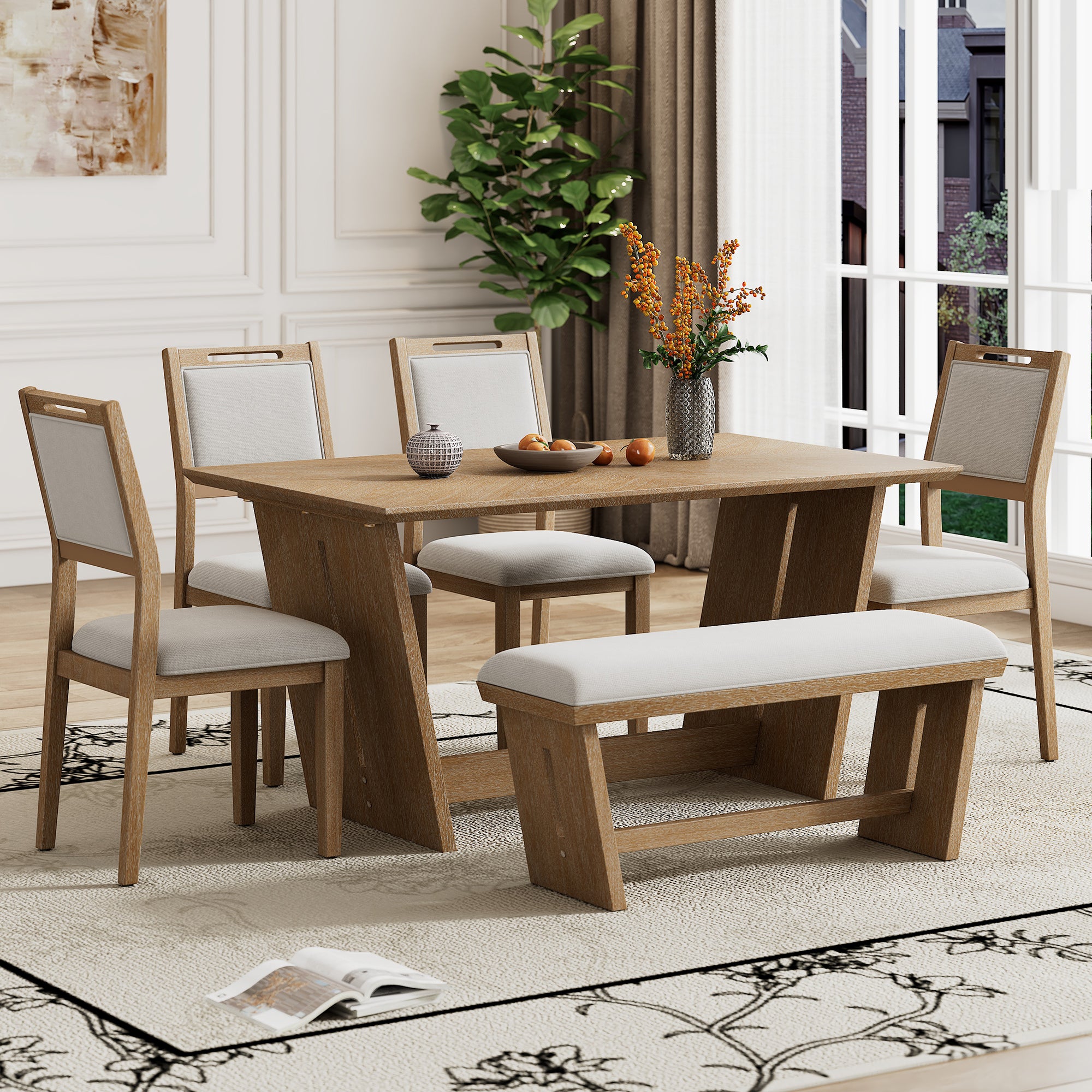 6-Pc Retro Dining Set w/ Bench - Natural Wood