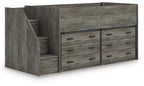 Gray loft bed with staircase steps and two-door drawer cabinet