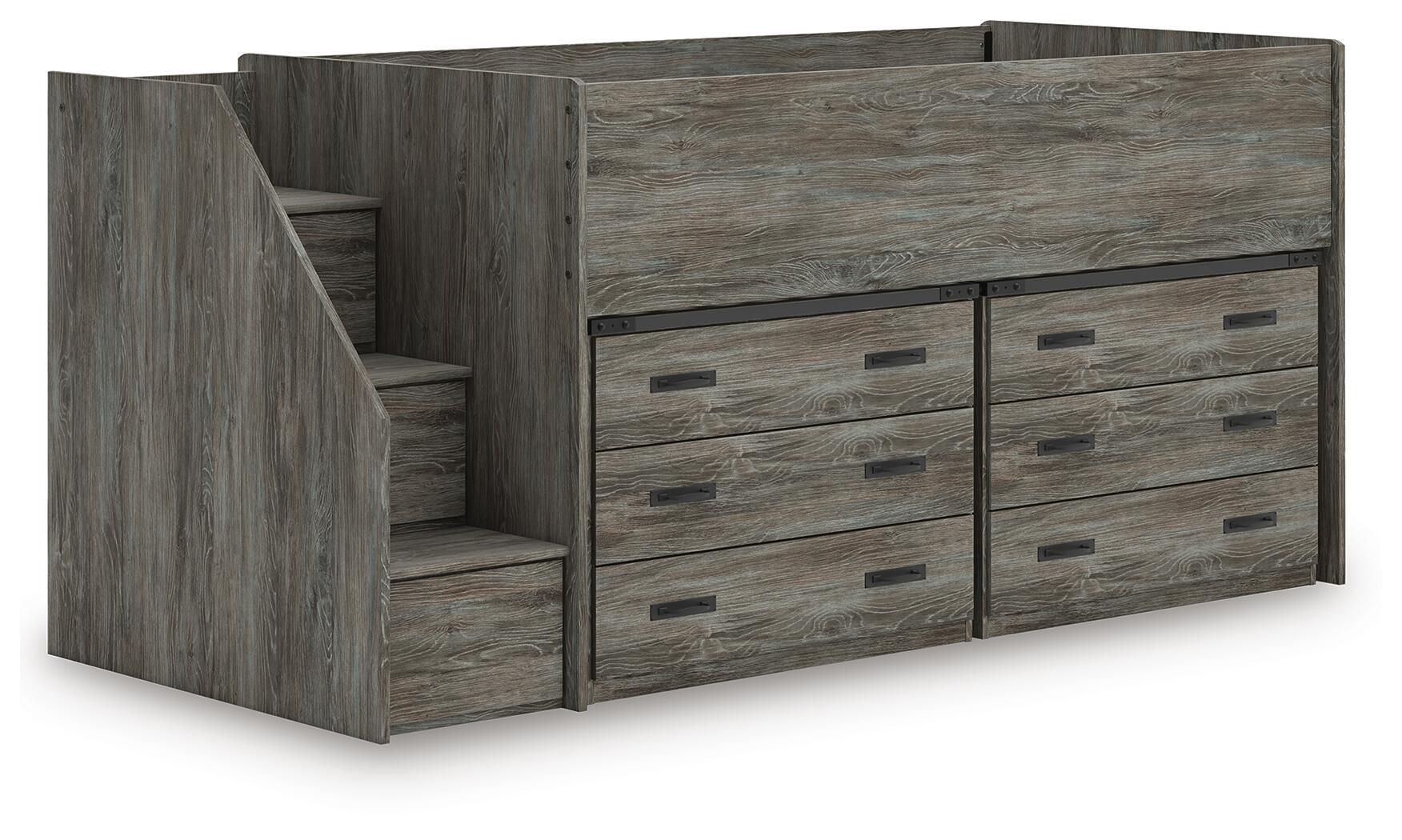 Gray loft bed with staircase steps and two-door drawer cabinet