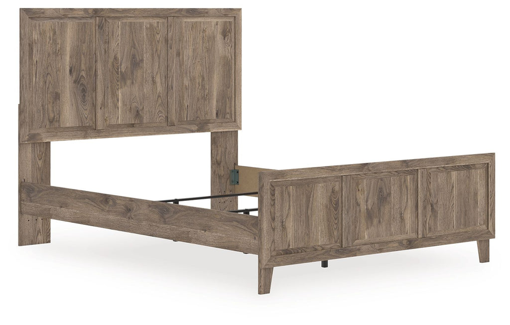 Rusticott panel bed frame in light brown wood with open underside and visible slats