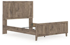 Rusticott panel bed frame in light brown wood with open underside and visible slats