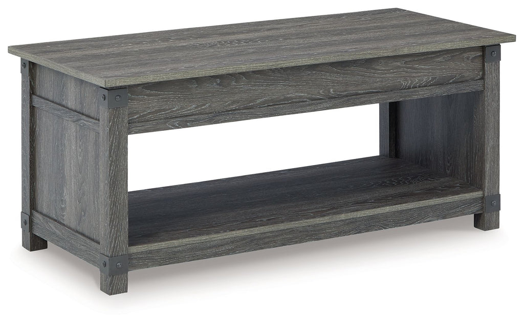 Freedan lift-top cocktail table, grayish-brown wood, open lower shelf and square legs