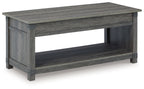 Freedan lift-top cocktail table, grayish-brown wood, open lower shelf and square legs