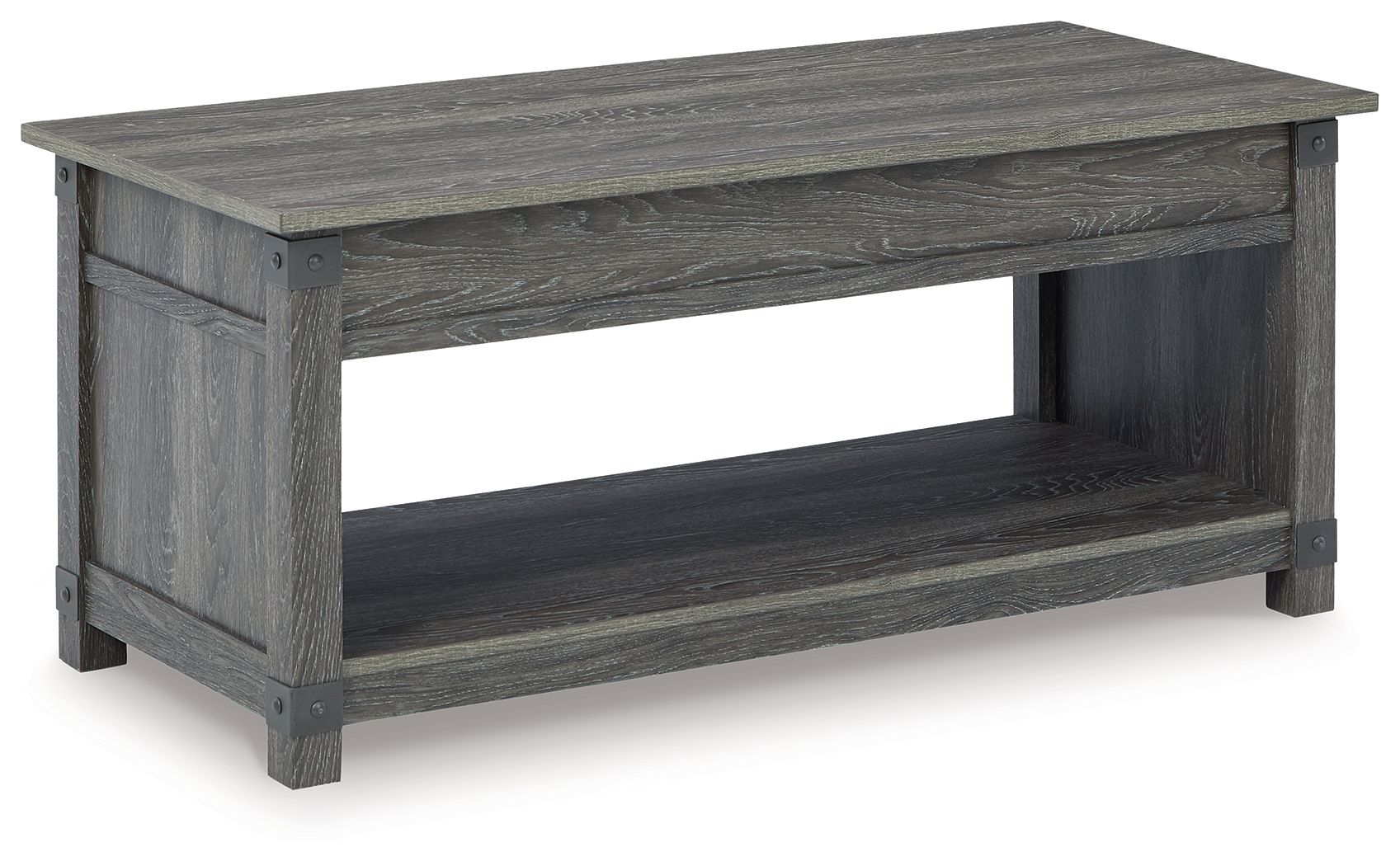 Freedan lift-top cocktail table, grayish-brown wood, open lower shelf and square legs