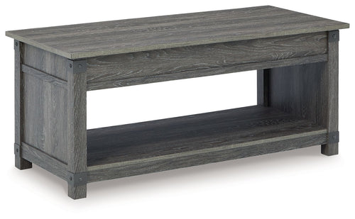 Freedan lift-top cocktail table, grayish-brown wood, open lower shelf and square legs