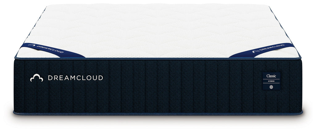 DreamCloud classic hybrid mattress, black quilted side with Classic label and blue trim