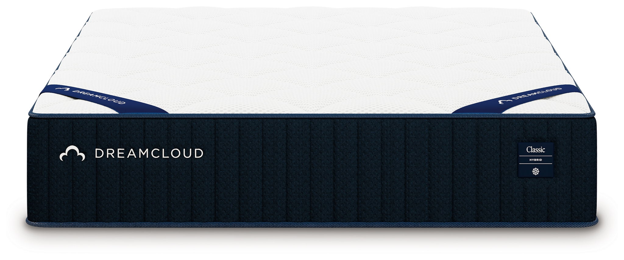DreamCloud classic hybrid mattress, black quilted side with Classic label and blue trim