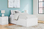 White platform bed with headboard and three-panel side storage drawers