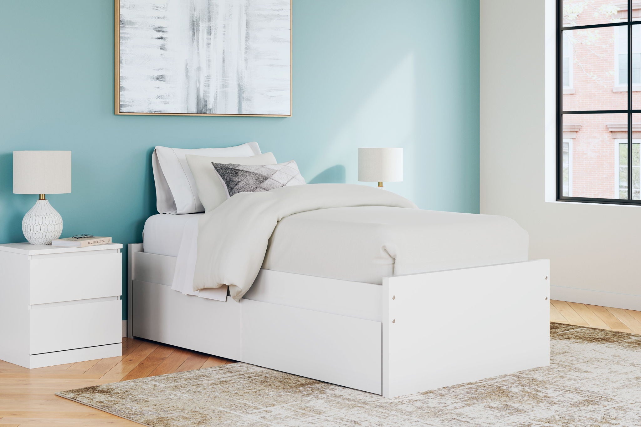 White platform bed with headboard and three-panel side storage drawers