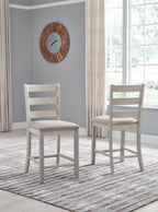 Upholstered barstool with beige padded seat and white ladder backrest, side view