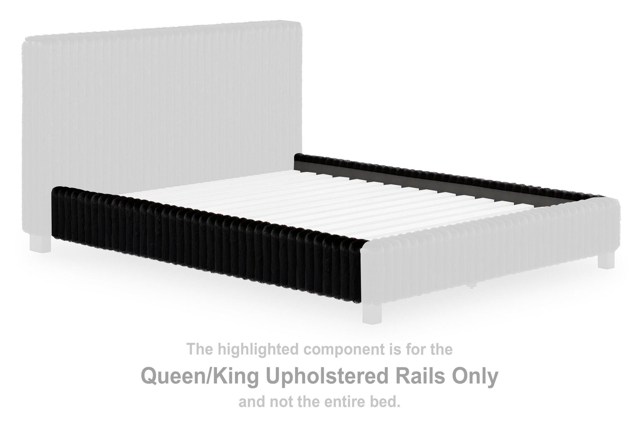 Black upholstered bed rails with padded side panels and textured edging